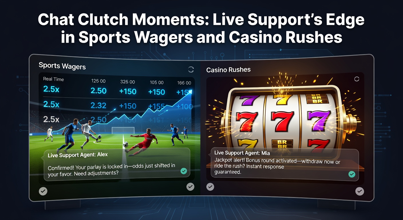 Dynamic image of a bettor on mobile device engaging live chat during intense sports match, screen split with odds fluctuating and chat bubble open