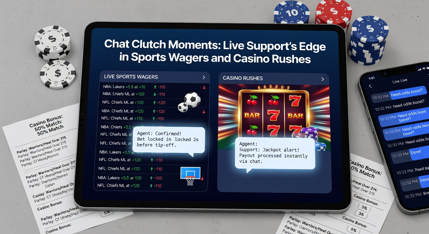 Close-up of live chat interface on betting app during casino game rush, showing agent resolving query amid spinning slot reels and live odds ticker