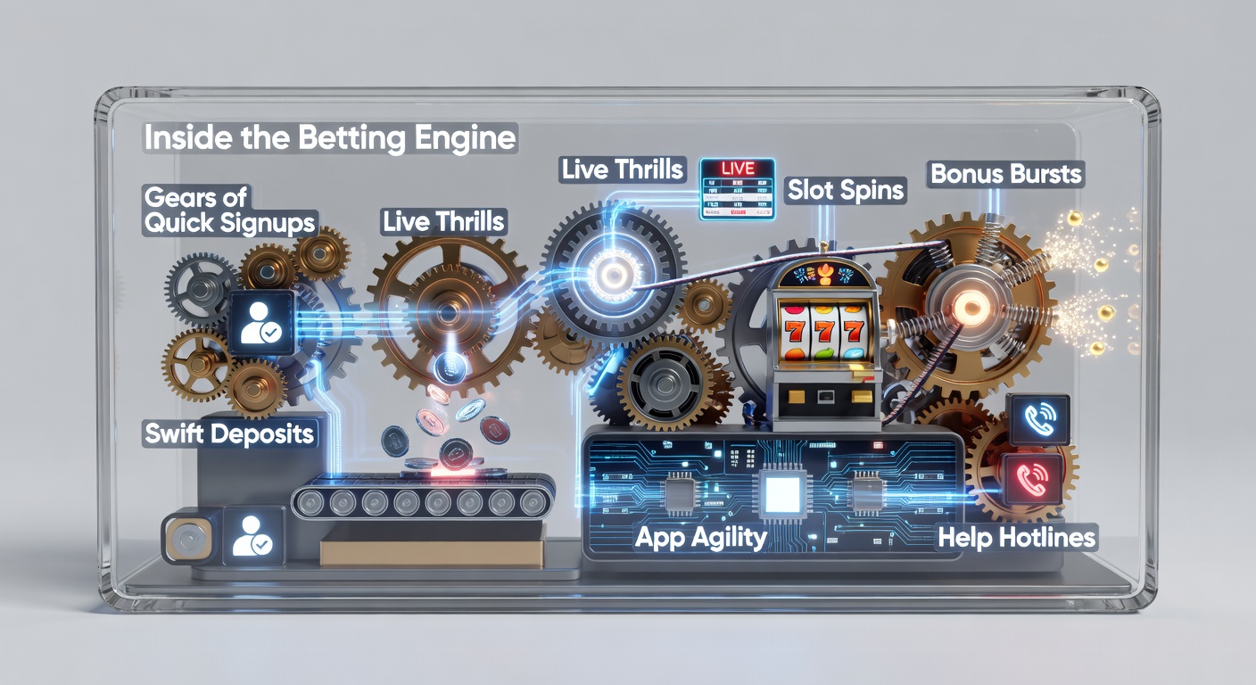 Dynamic graphic showing interlocking gears representing the inner workings of a betting platform, with icons for signups, deposits, live bets, and more