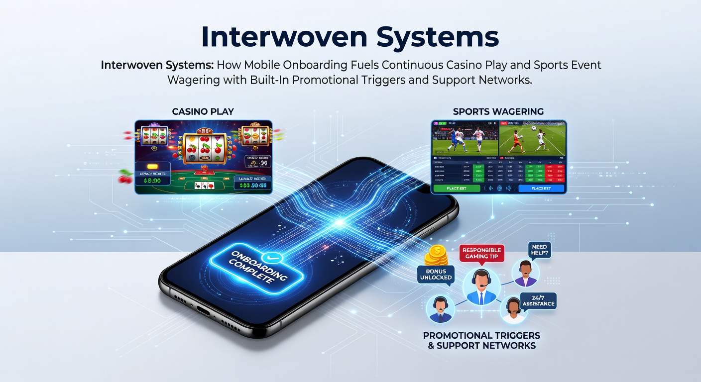 Mobile onboarding interface showing seamless integration between casino games and sports betting features