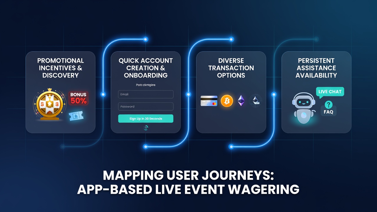 User journey mapping diagram showing app-based live event wagering steps from sign-up to support