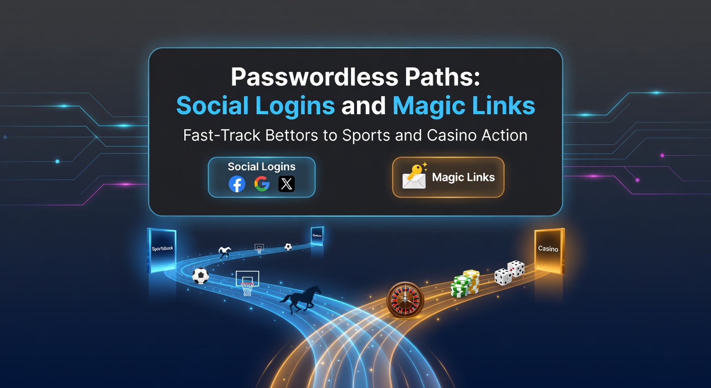 Illustration of a smartphone screen showing quick login options with social media icons and an email magic link, leading to a vibrant sports betting interface