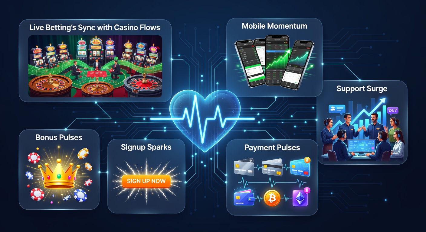 Dynamic illustration of live betting screens merging with casino slots and mobile interfaces, pulsing with bonus icons, payment symbols, and support chat bubbles