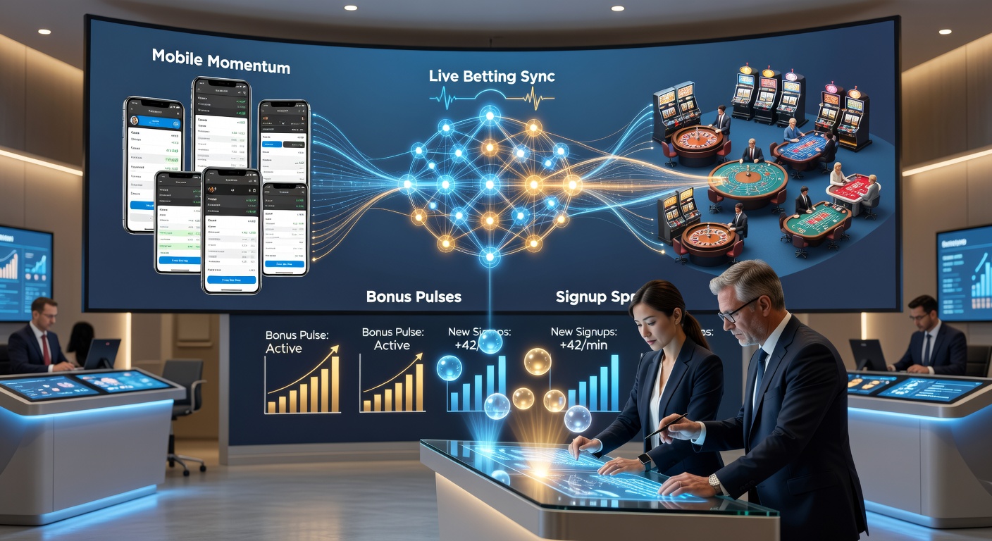 Vibrant graphic showing interconnected nodes of live betting, casino wheels, mobile phones, glowing bonus orbs, signup lightning bolts, payment arrows, and support icons pulsing in unison