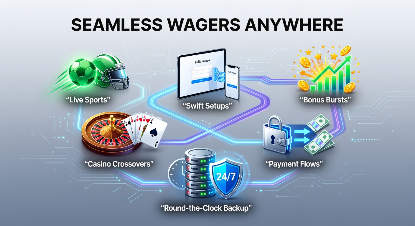 Dynamic digital screen showing live sports betting interface merging with casino games, highlighting seamless transitions and real-time odds