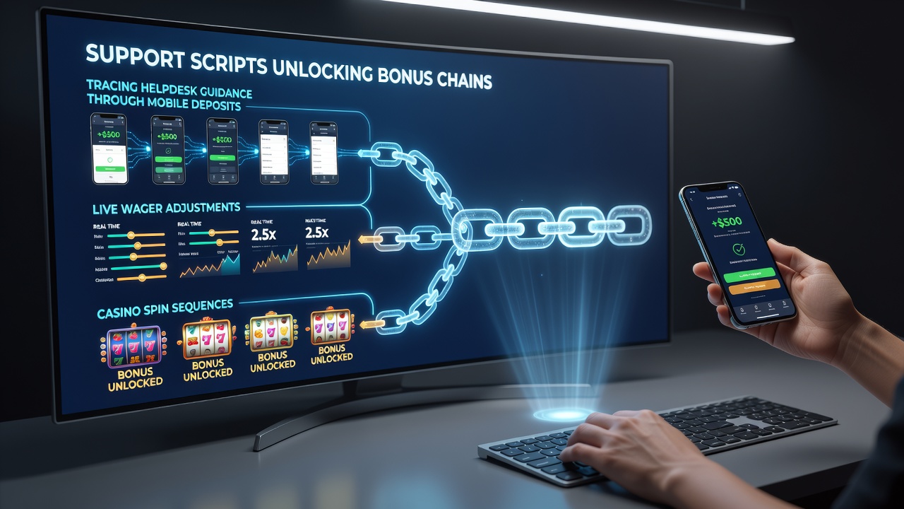 Helpdesk interface showing bonus chain tracking for mobile deposits and wager adjustments