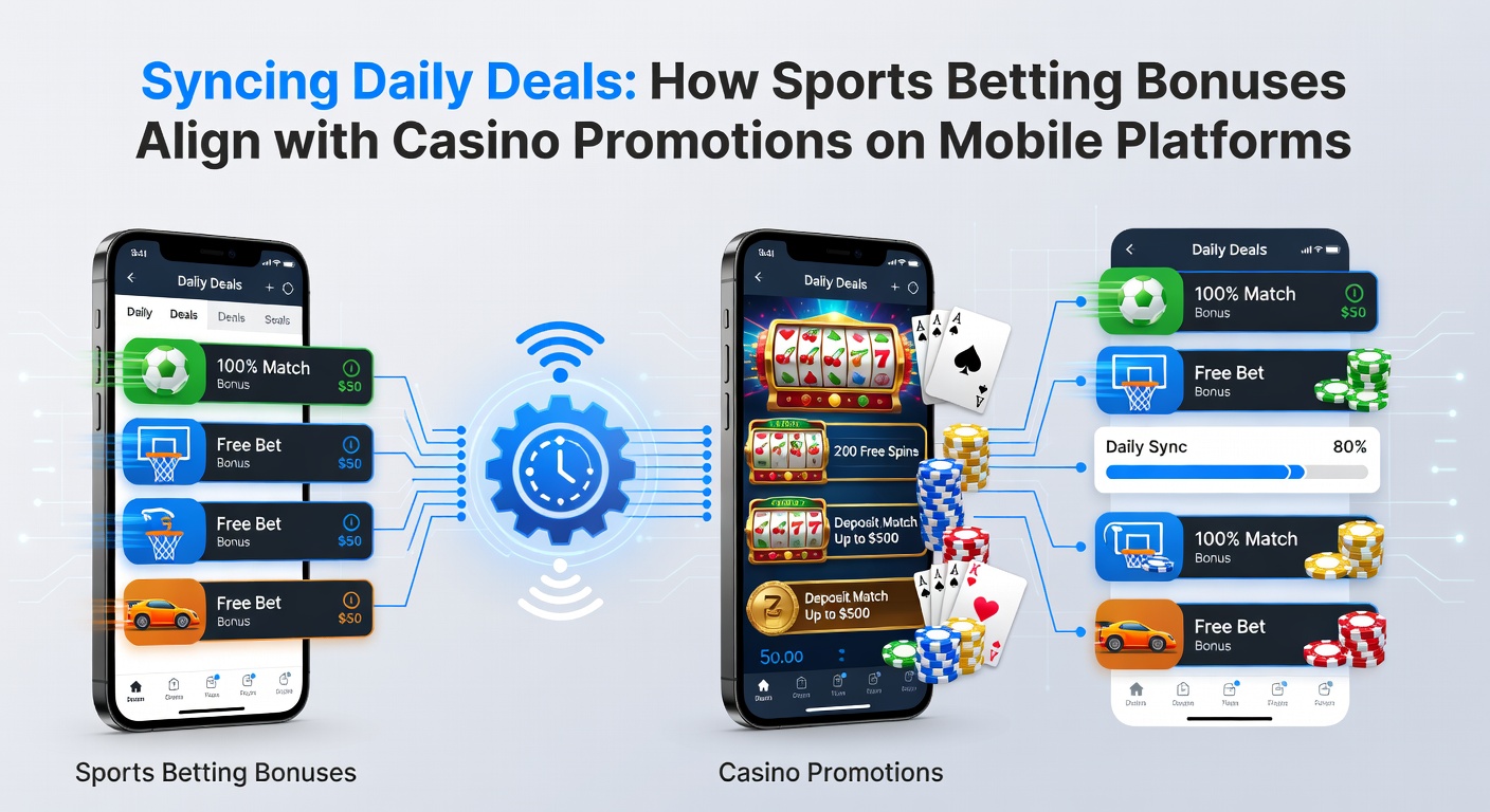 Mobile screen showing synced sports betting odds and casino slot promotions side by side on a daily deals dashboard